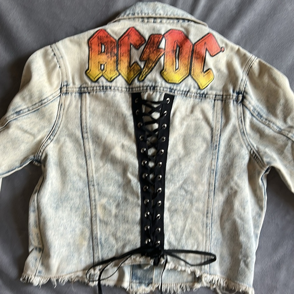 AC/DC acid wash denim jacket with a laced-up back Sz small